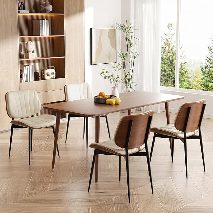 Dining Chairs Set of 6, Mid Century Modern Dining Room Chair, Upholstered Faux Leather Kitchen Chairs with Walnut Bentwood Back and Metal Legs for Kitchen Dining Room Living Room, Beige