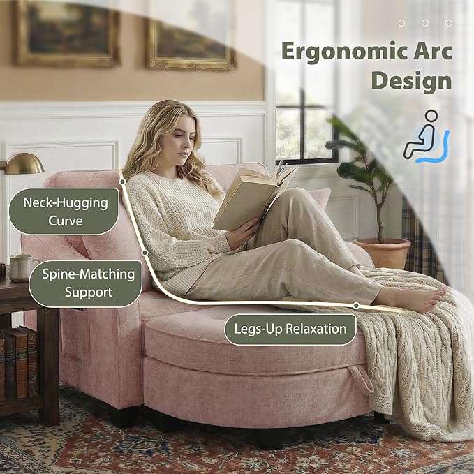 Round Chaise Lounge Chair with Storage Ottoman, Oversized Bubble Chair and a Half Featuring Adjustable Backrest, Plush Reading Accent Chair and Ottoman Set for Bedroom, Blush Pink