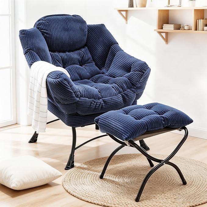Oversized Lazy Chair with Ottoman for Adults, Chair and Ottoman Set Modern Skinny Lounge Chair with Footrest, Wide Reading Chair for Living Room, Comfy Accent Armchair for Small Spaces, Navy Blue