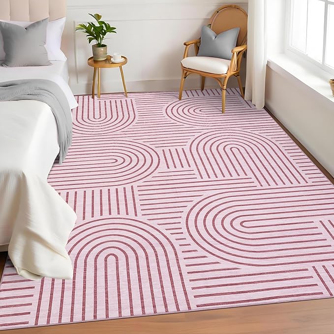 Washable Rug 8x10 Area Rugs for Living Room, Abstract Rug for Bedroom, Soft Rainbow Non Slip Throw Rugs with Rubber Back, Low Pile Stain Resistant Boho Geometric Carpet for Dining Room, Pink
