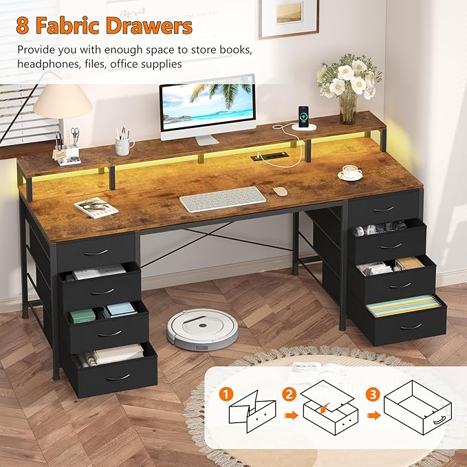 YOMILUVE 60 Inch Computer Desk with 8 Fabric Drawers, Gaming Desk with LED Lights & Power Outlets, Home Office Desk with Monitor Stand, Rustic Brown