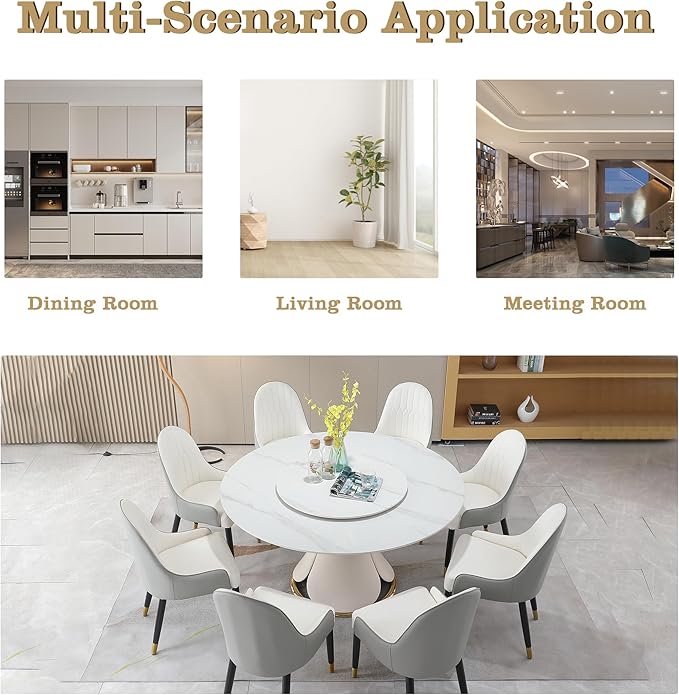 Round Marble Dining Table Set for 6-8, Kitchen Table Dining Room Table Set Petal Pu Leather & Metal Base (1 Table and 8 Grey Chairs)