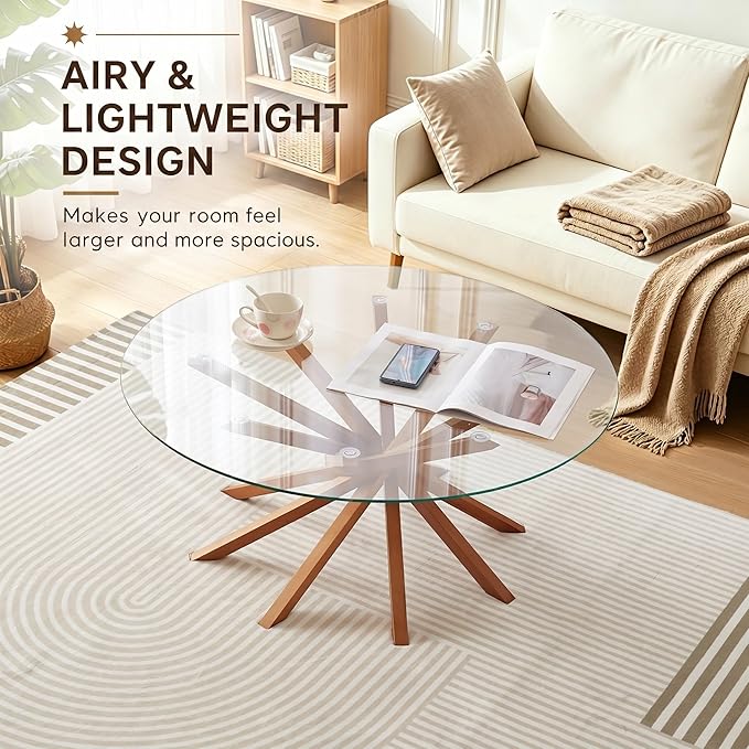 Round Glass Coffee Table-Mid Century Modern Circle Coffee Table with Unique Solid Wood Mortise Interlocking Starburst Legs Design for Living Room,Office,Hotel Lobby,Commercial Environments