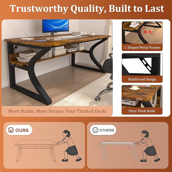 AZN Computer Desk, 47x24 in Computer Desk, Office Desk w/Storage & U-Size Metal Frame for Home Office Bedroom Gaming, Office Desk w/Water-Resistant, Scratchproof Surface, Brown