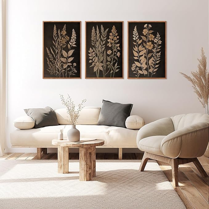 HLNIUC Vintage Botanical Fern Framed Canvas Wall Art Set,Black and Tan Plant Leaves Wall Decor,Modern Farmhouse Art Print,Neutral Minimalist Herb Floral Wall Painting for Living Room,Office - 24”x36”3