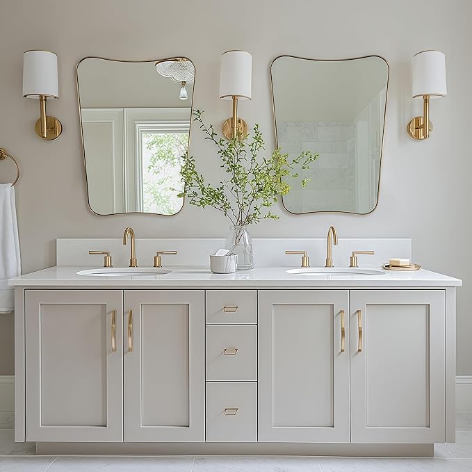 MIRRORTART Contemporary Brushed Brass Bathroom Wall Mirrors, 24x32'' Asymmetrical Scalloped Butterfly Rectangle Gold Mirror in 1'' Stainless Steel Metal Frame for Home Decor Wall Mounted Vertical Only