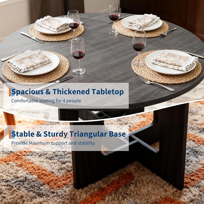 Round Dining Table for 4, 43.3" Kitchen Table for Dining Room, Circle Farmhouse Kitchen Table, Wood Dinner Table for Kitchen, Living Room, Apartment, Grey-Black