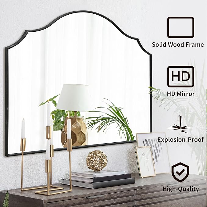 Besdomus Black Scalloped Wall Mirror: 40"x29" Large Modern Wooden Arched Dresser Mirror - Minimalist Fireplace Decorative for Bathroom/Bedroom/Mantel/Vanity/Entryway/Living Room - Stylish Home Decor