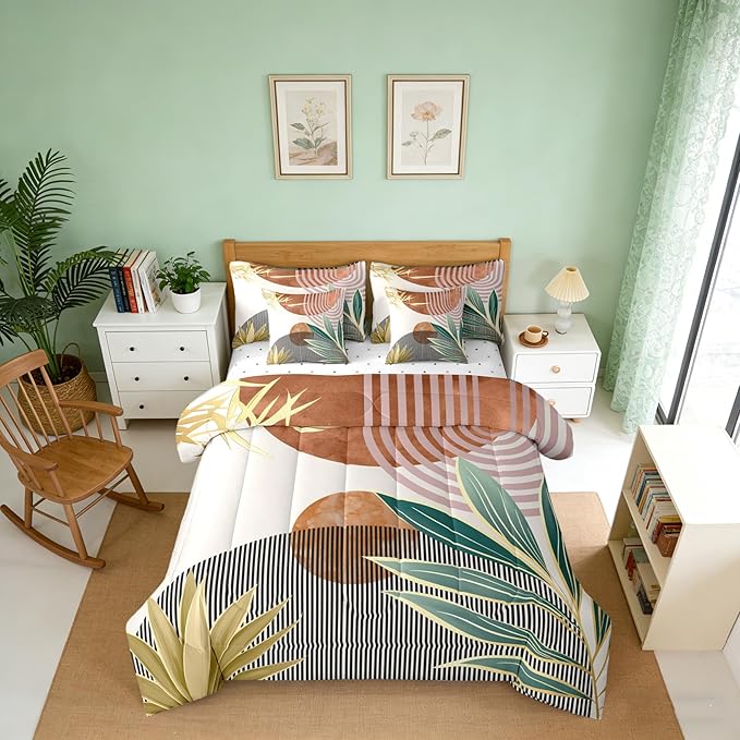 Erosebridal 7 Piece Boho Mid Century Bedding Sets Queen Vintage Comforter Set for Boys Girls,Abstarct Retro Stripes Bed in a Bag Modern Minimalist Simplistic Sheet Set with Comforter,Brown