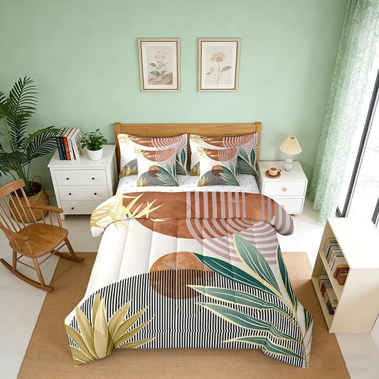 Erosebridal 7 Piece Boho Mid Century Bedding Sets Full Vintage Comforter Set for Boys Girls,Abstarct Retro Stripes Bed in a Bag Modern Minimalist Simplistic Sheet Set with Comforter,Brown