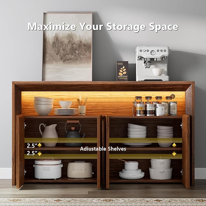 66.2" Buffet Cabinet with Storage and led Lights,Modern Sideboard Cabinet with 4 Doors & Shelves,Fluted Media Console Mid Century Coffee Bar Table for Living Room Kitchen Dining Room,Walnut