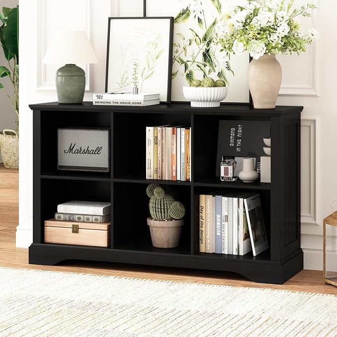 6 Cube Storage Organizer - 47.4" Farmhouse Wood Low Bookshelf, 3 Tier Horizontal Open Shelf Bookcase Cubby Storage Console Cabinet for Living Room, Entryway, Office, Black