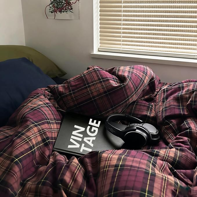 mixinni Vintage Burgundy Buffalo Plaid Comforter Cover Set Twin Size - 3 Piece Mid-Century Modern Washed Cotton Bedding, Soft Breathable Grid Duvet Cover with Matching Pillowcases for All-Season