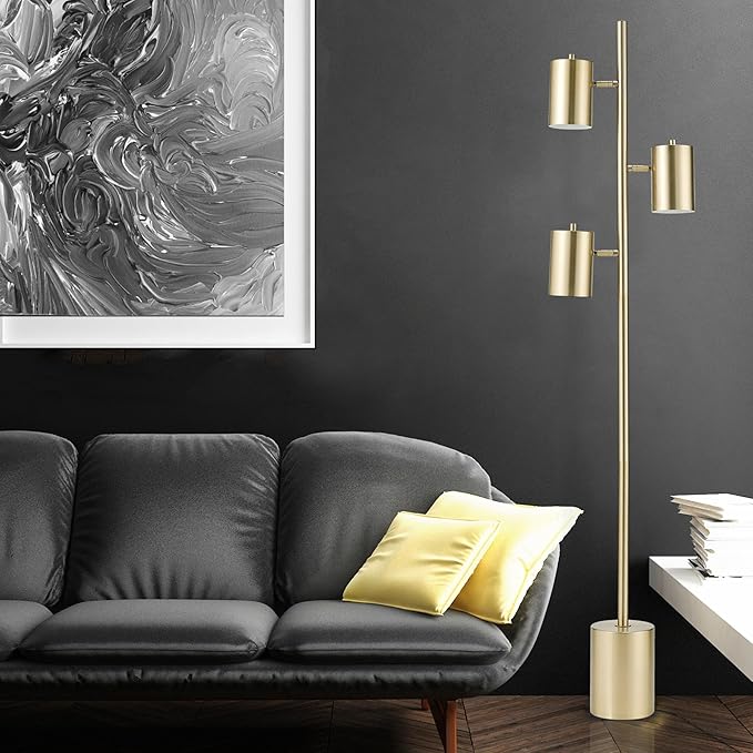 Globe Electric 67604 Pratt 63" 3-Light Floor Lamp, Matte Soft Gold, Large Weighted Base, Individual Rotary On/Off Switches on Shades