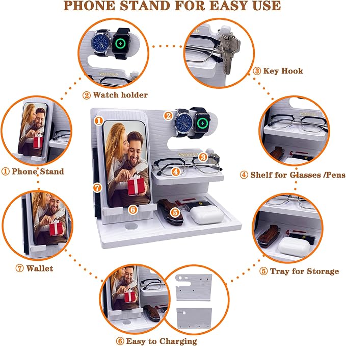VEIYAILU Gifts for Women Girlfriend Men Him Husband Boyfriend Son Boss Wood Phone Docking Station Nightstand Organizer Anniversary Birthday Gifts (White)