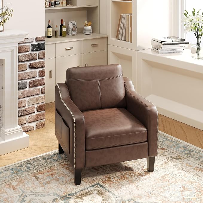 MALOL PU Leather Accent Chair, Mid-Century Modern Living Room Armchair Sofa with Removable Cushions, Solid Wood Frame & Stitched Armrest Design, Bedroom Chair with Plastic Legs, Chocolate Brown