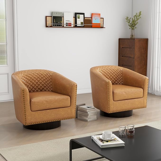 Swivel Barrel Accent Chair, Comfy Modern Upholstered Round Faux Leather Arm Chair for Living Room, Bedroom - Coffee, Set of 4