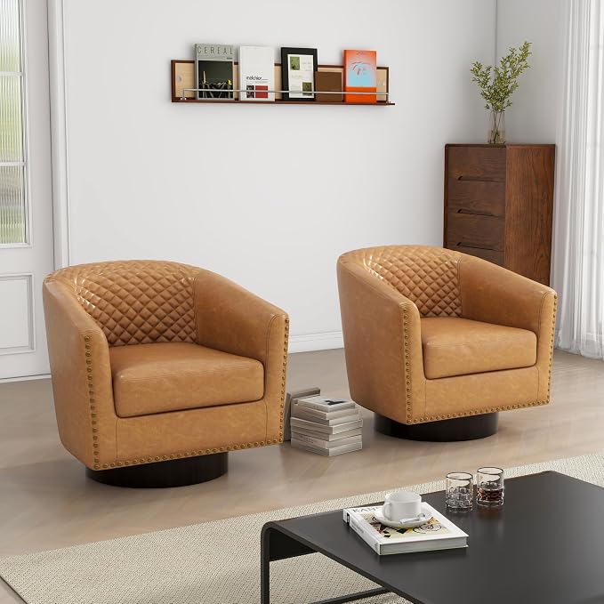 Swivel Barrel Accent Chair, Comfy Modern Upholstered Round Faux Leather Arm Chair for Living Room, Bedroom（Coffee, Set of 4