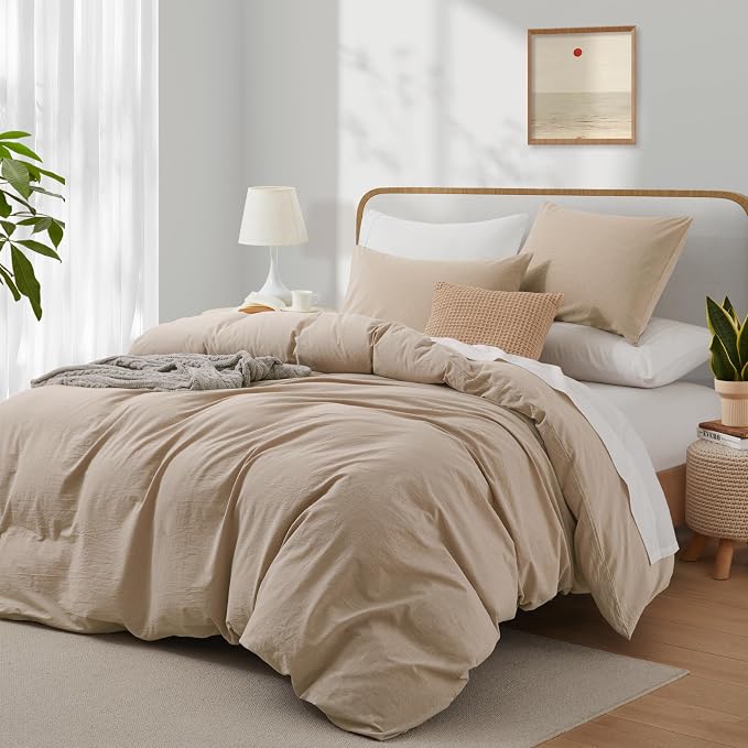 LOVQUE Bedding Duvet Cover Queen Size, 100% Washed Cotton Linen Like Natural Bedding Set with Zipper Closure (No Comforter), 90x90, Linen Grey