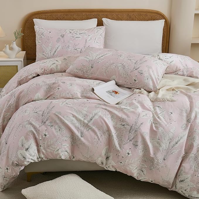 Cozeline Duvet Cover Set Queen Size 100% Nature Cotton Pink Floral Leaf Pattern Duvet Cover Set 3 Pieces Soft & Breathable Bedding Set with Zipper Closure & Corner Ties