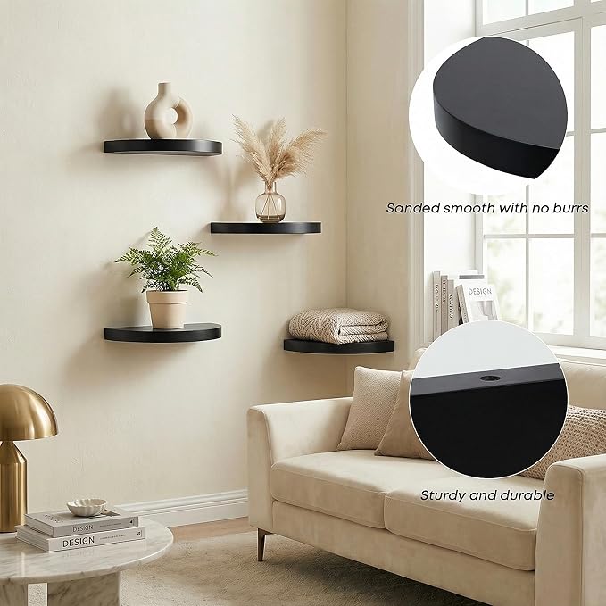 Small Wood Floating Shelves (4-Pack, 8-inch Diameter) - Round Sturdy Invisible Wall Mount Display for Small Plants,Toys,Bathroom,Living Room Storage & Modern Rustic Décor (Black)