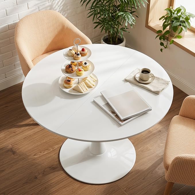 42" White Round Tulip Table for 4-6, Mid Century Modern Pedestal Dining Table with Sturdy Metal Base – Small Space Kitchen, Bistro, Café, Living Room, Office