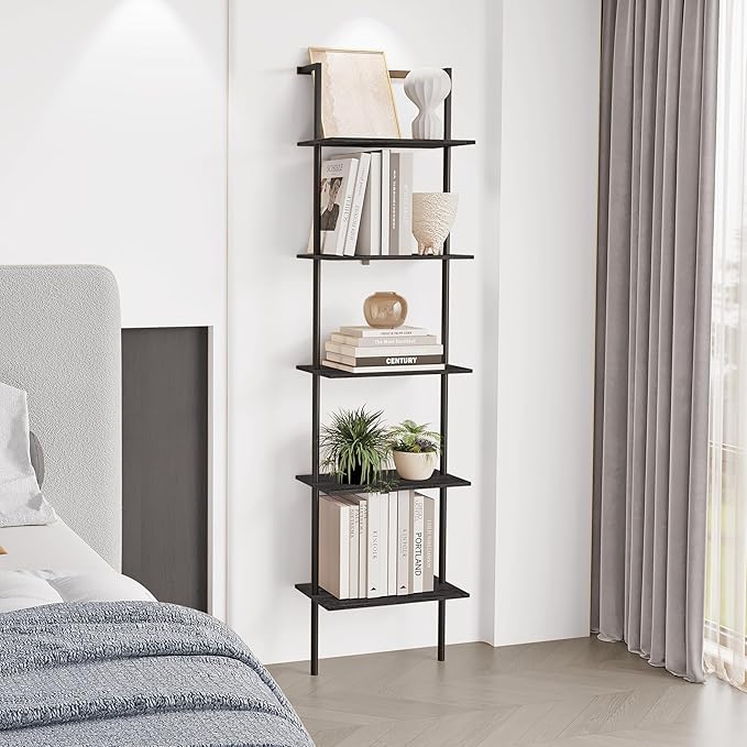 5-Tier Ladder Shelf, Wall Mounted Ladder Bookshelf with Metal Frame, Wood Tall Open Storage Rack and Display Shelves for Home Office Bedroom Living Room, Black