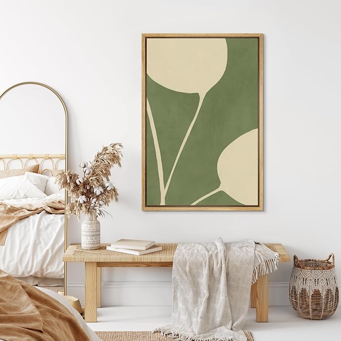 SIGNLEADER Framed Canvas Print Wall Art Minimal Botanical Curves in Green and Cream Abstract Illustration Modern Art Decorative Zen for Living Room, Bedroom, Office - 24"x36" NATURAL