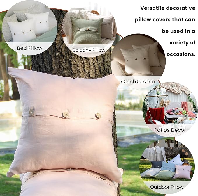 Simple&Opulence Linen Throw Pillow Covers Pack of 2, Triple Coconut Button Vintage Farmhouse Natural Flax Decorative Square Cushion Cover for Sofa Couch Chair - Brush Pink, 18'' x 18''