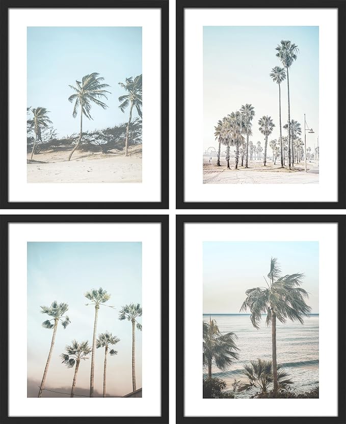 SIGNWIN Framed Washed Out Tropical Island Wall Art, Set of 4 Island Palm Tree Beach Landscapet Wall Decor Prints, Nature Wilderness Wall Décor for Living Room, Bedroom - 12"x16" Black
