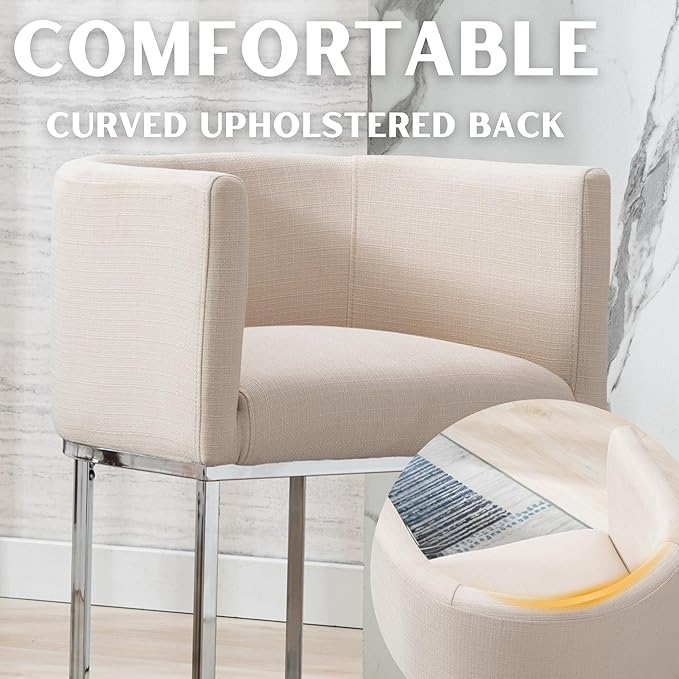 Contemporary Cream Linen Bar Stools Set of 2, 24" Upholstered Fabric Counter Height Barstools Kitchen Counter Island Stools with Screwed Together Chrome Finish Base