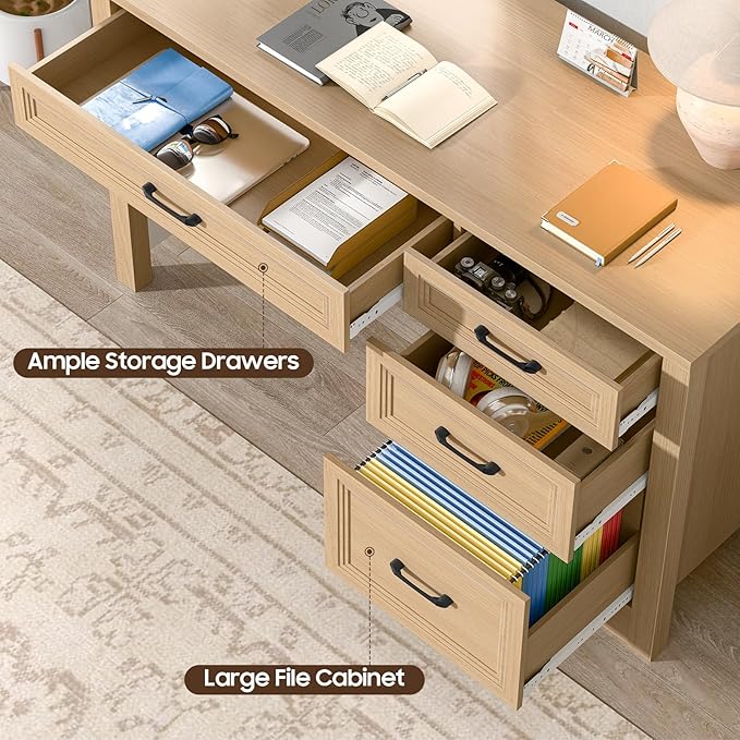 Vabches Farmhouse Executive Desk with Storage and Ample File Drawer, Rustic Large Home Writing Desk for Bedroom, Natural