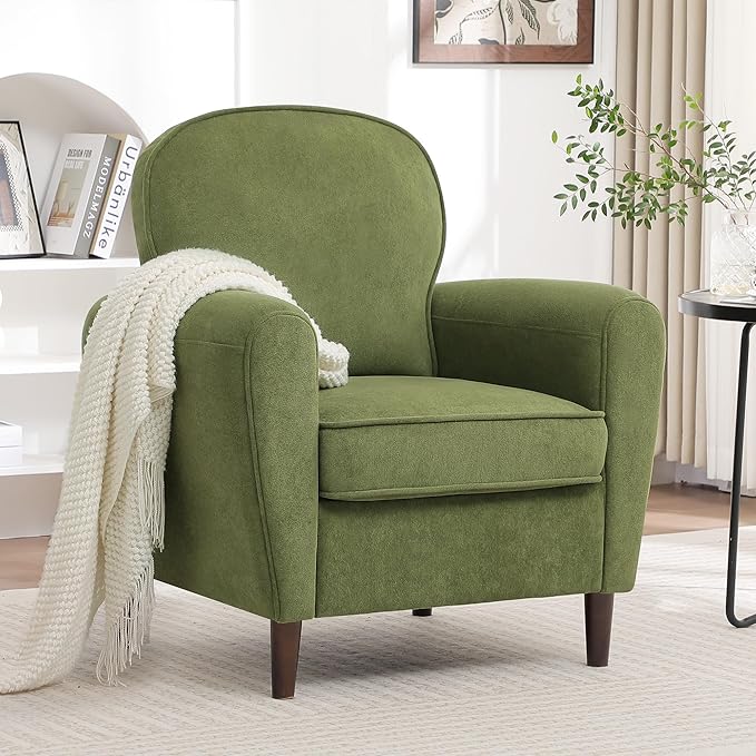 Accent Chair Set of 2, Mid Century Modern Arm Chair with Thick Cushion and Back, Comfy Upholstered Reading Chair Single Sofa Chair for Living Room, Bedroom, Club, Green