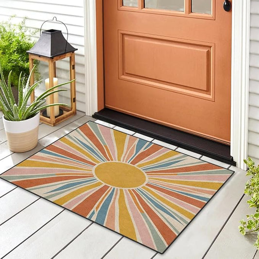 Area Rugs 2'x3' Washable Rug, Boho Retro Sunburst Stain Resistant Non Slip Backing Vintage Sunshine Carpet for Living Room Bedroom Dining Room