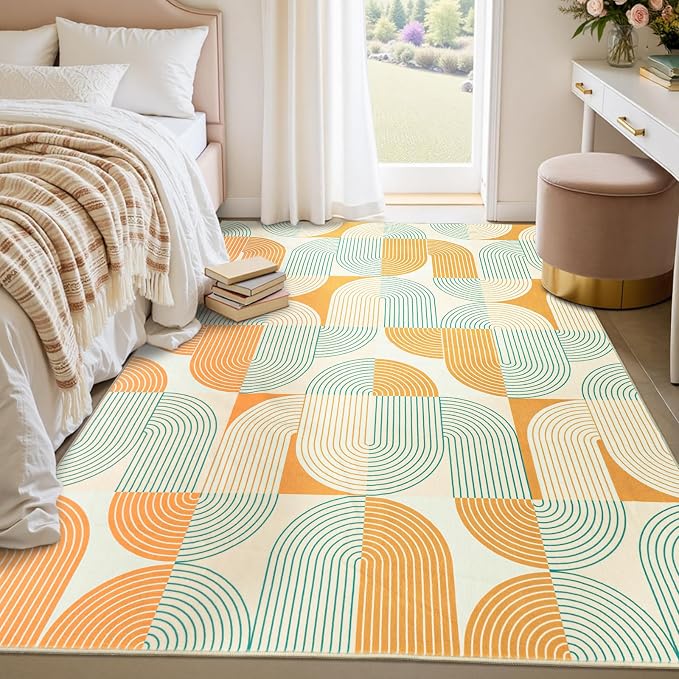 Area Rugs for Living Room 5x7, Washable Modern Abstract Rug for Bedroom, Soft Non-Slip Indoor Floor Carpet for Dining Room Nursery Office Home, Orange