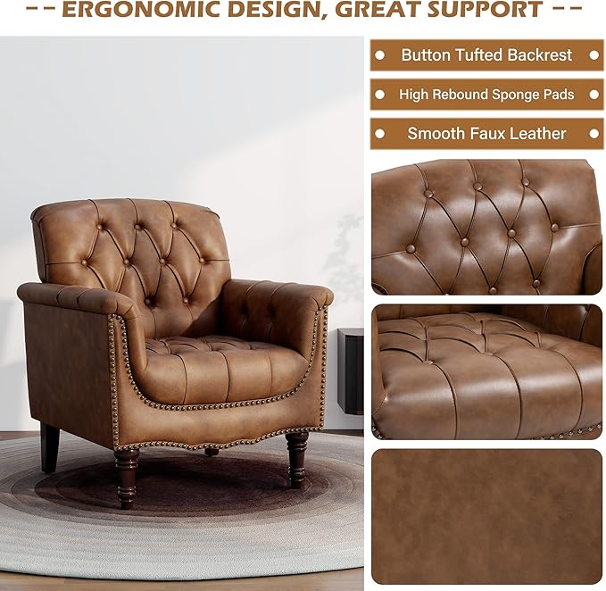 UIXE Brown Accent Chair for Living Room, Faux Leather Tufted Arm Chair Retro Upholstered Club Armchair for Bedroom