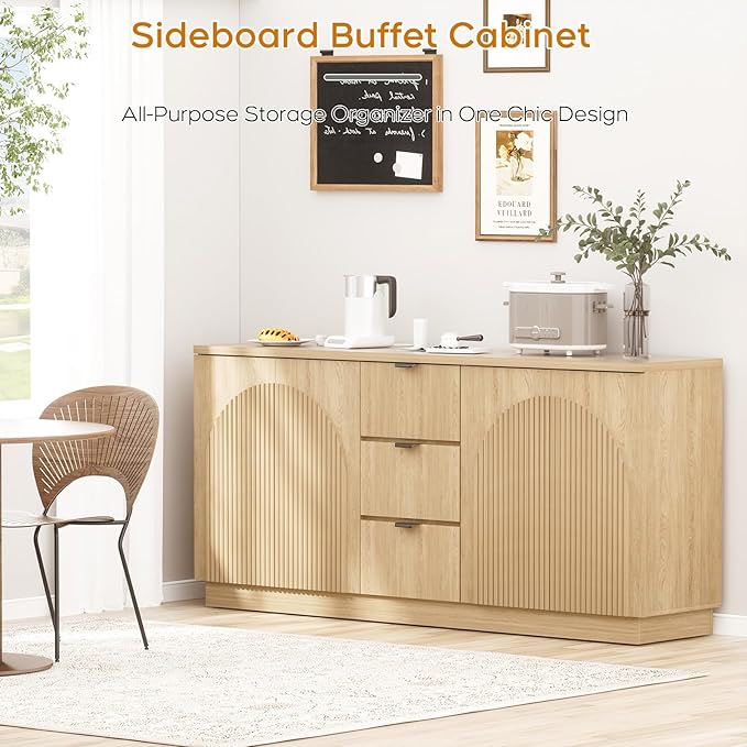 Yechen 67" Fluted Sideboard Buffet Cabinet with 4 Arched Reeded Design Doors &3 Drawers, Mid Century Modern Credenza Storage Cabinet with Adjustable Shelves, for Living Room Dinning Hallway