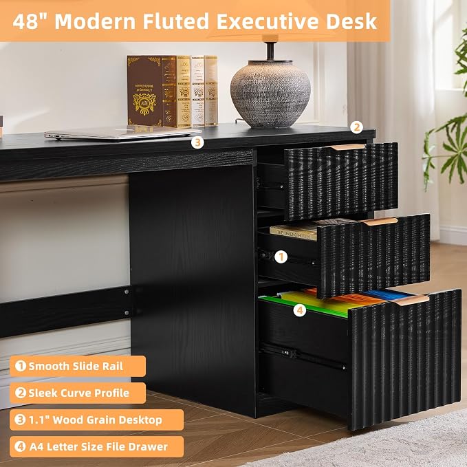 LEYAOYAO Office Desk 48" with 3 Drawers Storage File Cabinet Wood Fluted Desk for Computer Office Bedroom Home Furniture Black