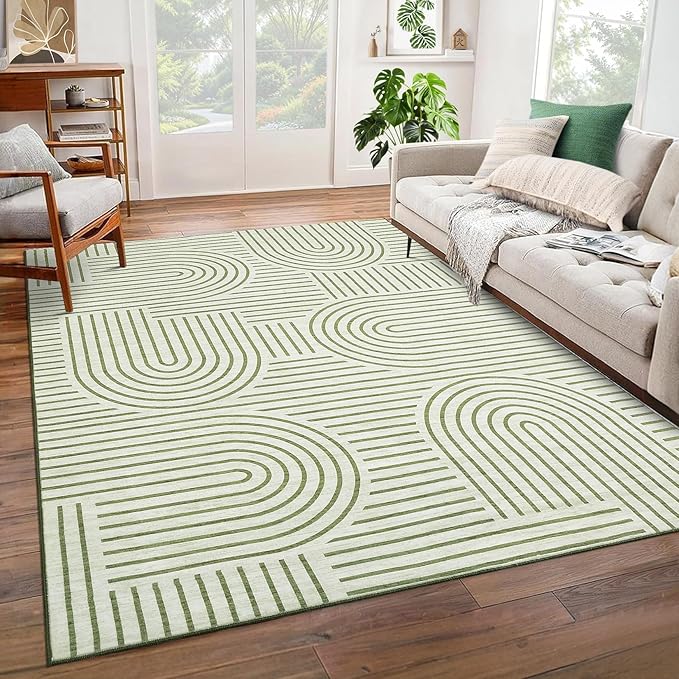 Washable Rug 6x9 Area Rugs for Living Room, Abstract Rug for Bedroom, Soft Rainbow Non Slip Throw Rugs with Rubber Back, Low Pile Stain Resistant Boho Geometric Carpet for Dining Room, Green