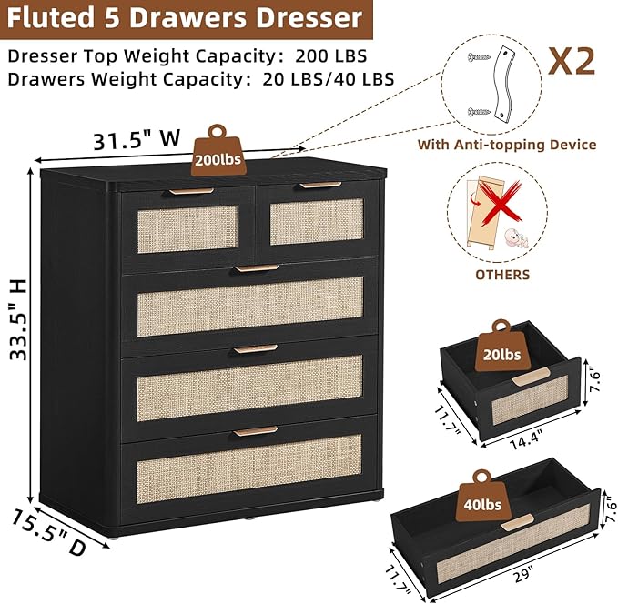 LEYAOYAO Rattan Dresser for Bedroom, 33.5" Tall Chest of Drawers, Modern 5 Drawers Boho Dressers with Storage, Light Oak Dresser Wooden Closet Organizer for Living Room, Hallway, Black