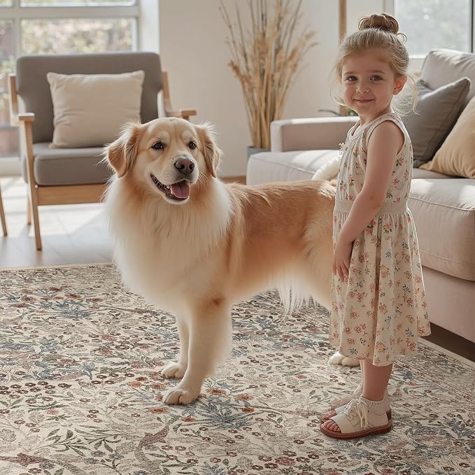 DCX Beige Area Rugs 9x12, Machine Washable Non Slip Stain Resistant Soft Vintage Floral Rug, for Living Room, Bedroom, Playroom, Soft Low Pile Large Carpet
