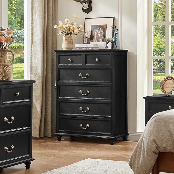 Farmhouse 6 Drawer Dresser Set of 2 for Bedroom, 42" Tall Rustic Chests of Drawers w/ 4 Solid Wood Feet, Mid Century Vintage Wooden Closet Storage Dressers Organizer for Living Room,Black
