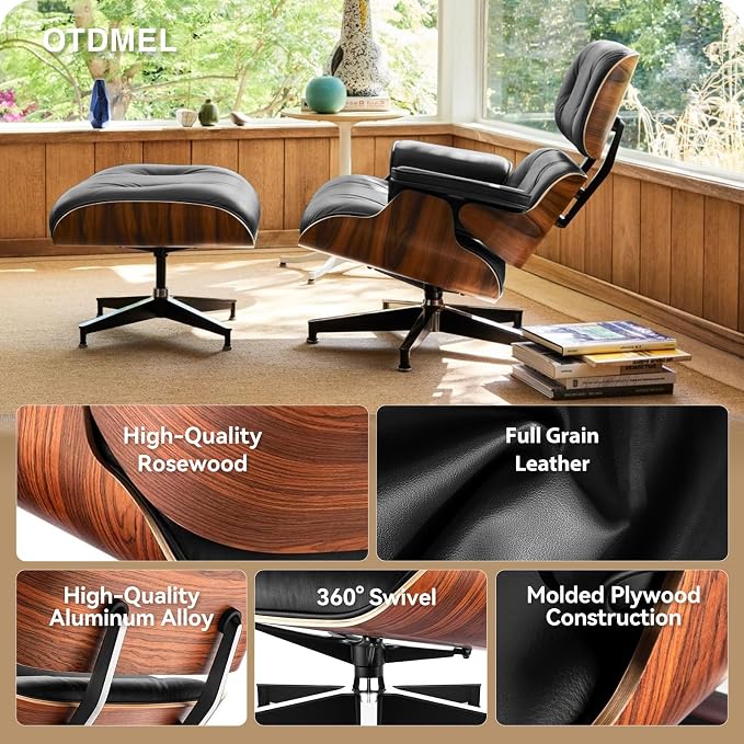 Top Black Grain Leather, Mid Century Chaise Lounge Chair and Ottoman, Modern Chair Classic Design, Palisander Wood, Heavy Duty Base Support for Living Room Office
