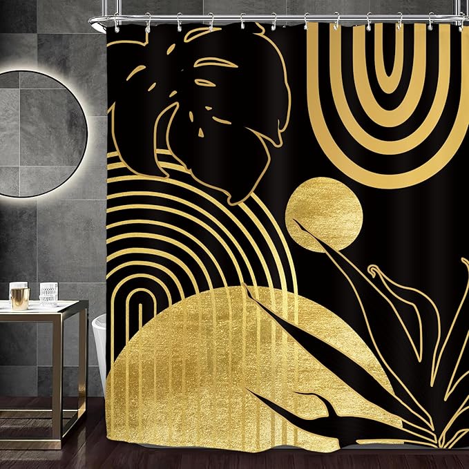 Miyotaa Abstract Black Gold Minimalist Shower Curtain Set 60Wx71H Inches Modern Aesthetic Mid Century Leaves Contemporary Neutral Plant Waterproof Bathroom Curtain with 12 Hooks