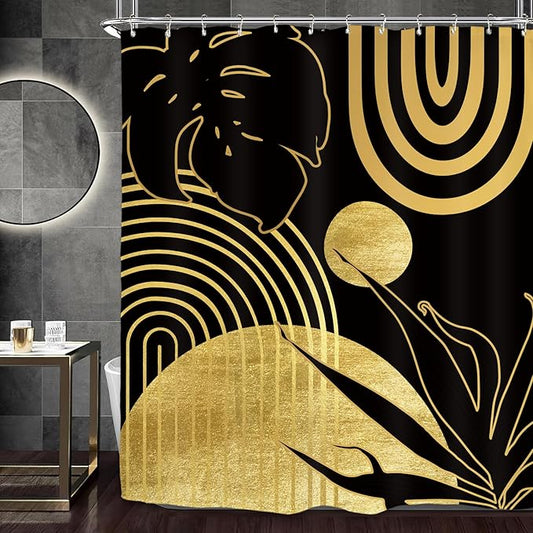 Miyotaa Abstract Black Gold Minimalist Shower Curtain Set 60Wx71H Inches Modern Aesthetic Mid Century Leaves Contemporary Neutral Plant Waterproof Bathroom Curtain with 12 Hooks