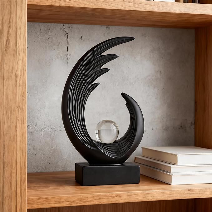 Modern Abstract Art Sculptures, Gold Entryway Table Accents, Black Shelf Decor Accents, Abstract Art Resin Sculpture for Dining Room, Office & Coffee Table – Centerpiece Fireplace Decor (Black)