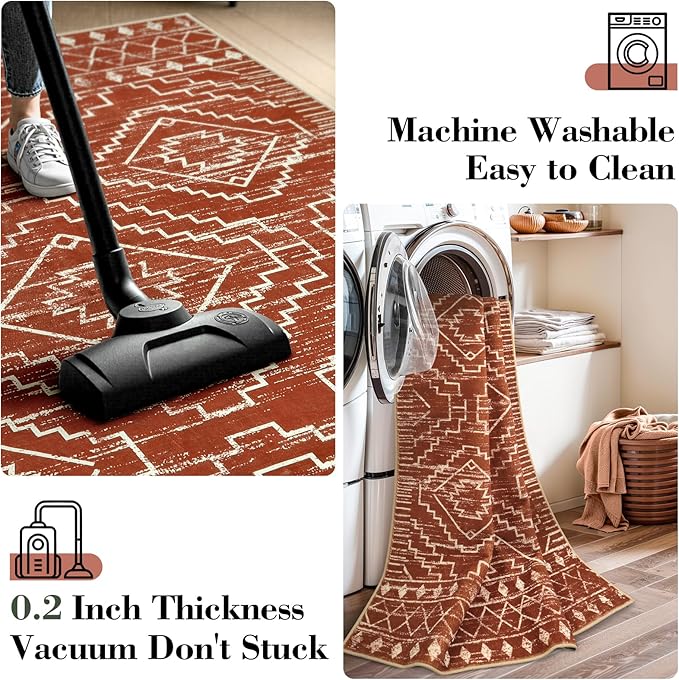 Wonnitar Moroccan 2'6"x8' Hallway Runner Rug, Washable Long Farmhouse Laundry Room Rug Runner, Non-Skid Boho Tribal Geometric Floor Carpet Runners for Kitchen Entrance Bathroom (Brown,2'6"x8')