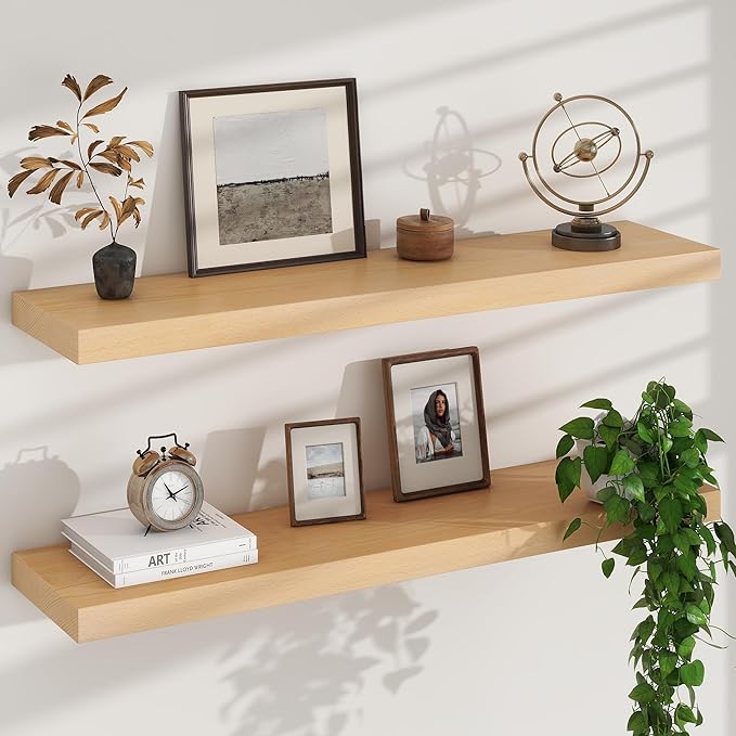 Floating Shelves for Wall, USA-Sourced Beech Wood 36 Inch Long Wall Shelves Set of 2, Natural Wooden Mounted Picture Ledge Shelf, Nursery Book Storage Shelf Kids Bookshelf, Display Shelf for Bathroom