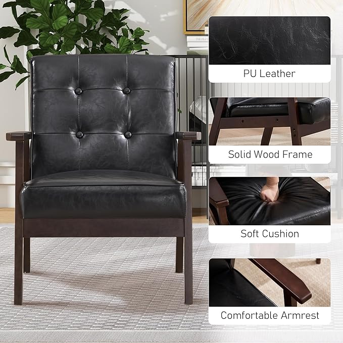 Bonzy Home Accent Chair - Faux Leather Mid Century Modern Chair for Living Room | Sturdy Solid Wood Frame Armchair, Comfy Retro Chair for Bedroom & Small Spaces, Accent Chairs, Black