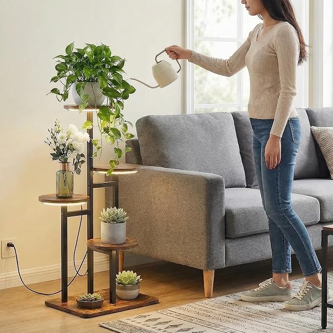 4 Tier Plant Stand Indoor with Grow Light for Multiple Plants | Corner Flower Stand, Vintage Multi-Layer Design, Sturdy Plant Shelf, Space-Saving, Ideal for Living Room Indoor Plant Display